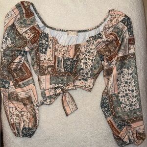 Altar'd State Patchwork Tie-Front Crop Top in Pink, Sage & Brown